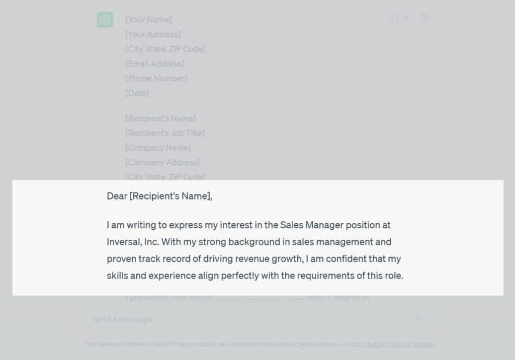 Generating a cover letter template with ChatGPT. Step 3. Opening paragraph.