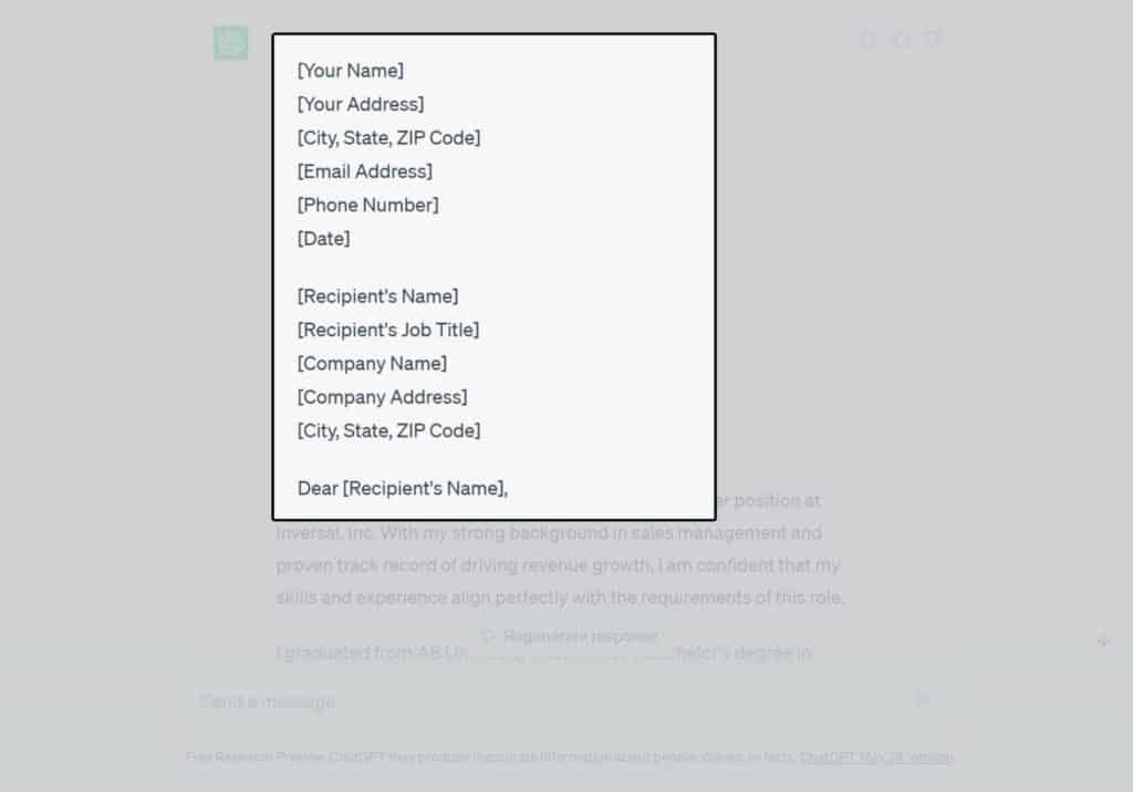 Generating a cover letter template with ChatGPT. Step 3. Head.