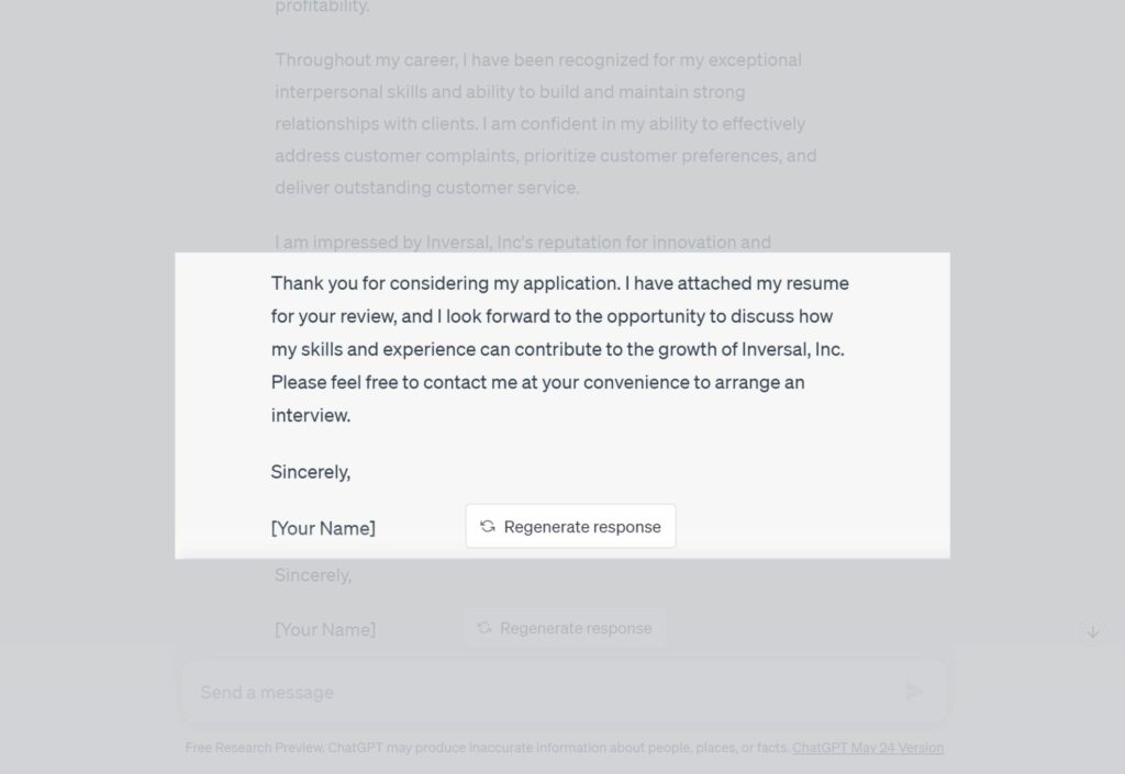 Generating a cover letter template with ChatGPT. Step 3. Closing Section.
