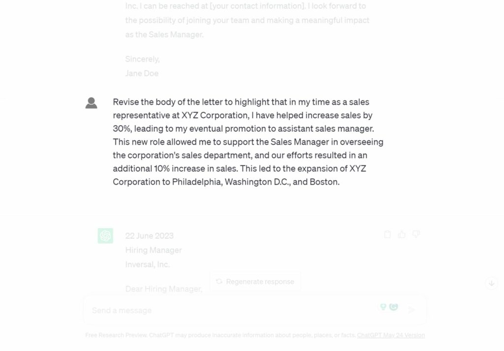 Improving your cover letter with ChatGPT. Step 3. Revision.