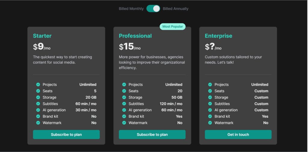 Keyframes Studio's pricing menu.