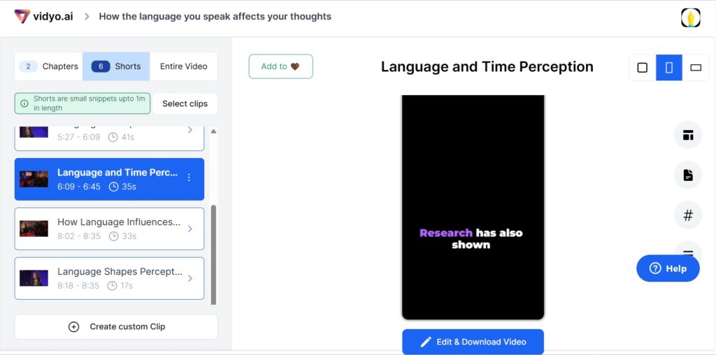 Vidyo.ai's language and time perception options.