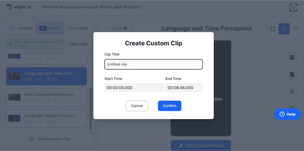 Vidyo.ai's custom clip creation options.