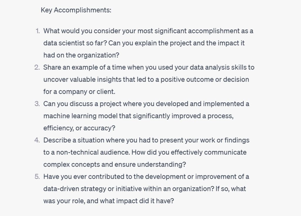 ChatGPT giving sample job interview questions regarding key accomplishments.