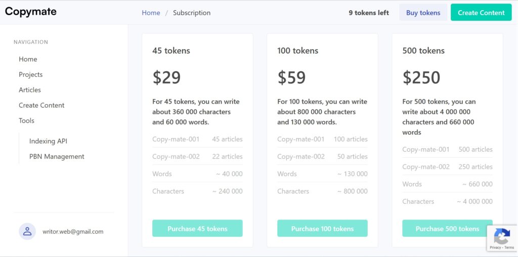 Copymate Subscription Tiers.