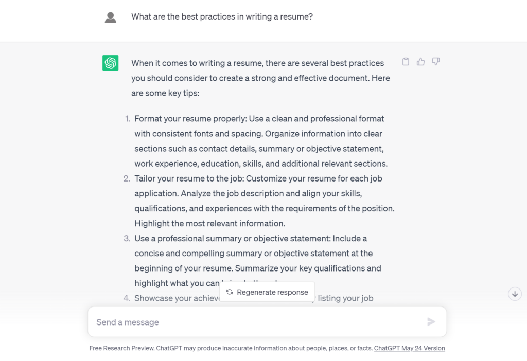 ChatGPT for resume best practices prompt. Image 1 of 3.