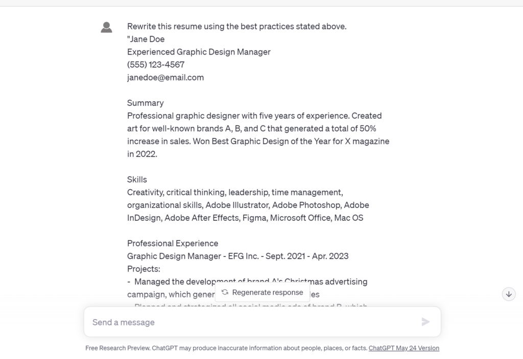 ChatGPT for resume best practices. Rewrite. Image 1 of 3.