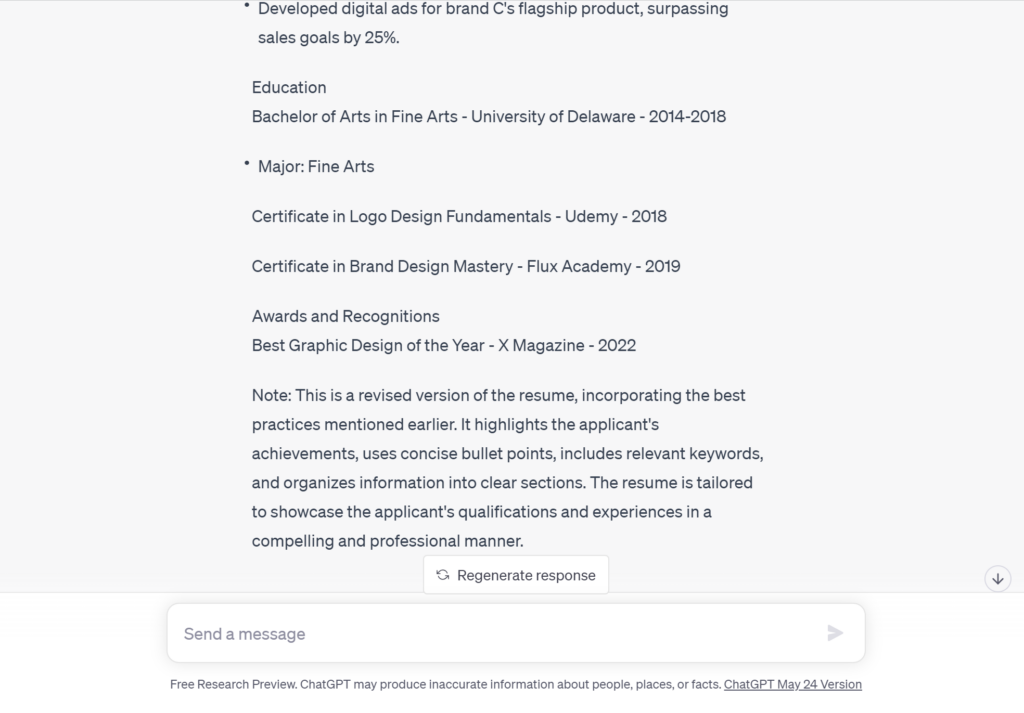 ChatGPT for resume best practices result. Image 3 of 3.