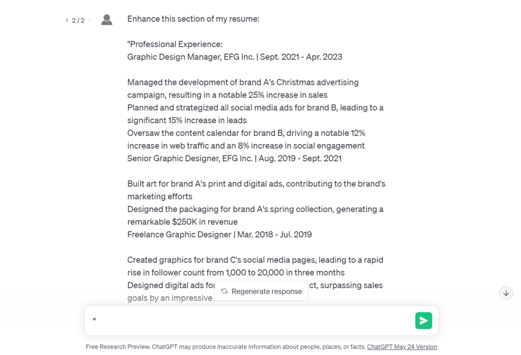 ChatGPT for resume specific changes prompt.