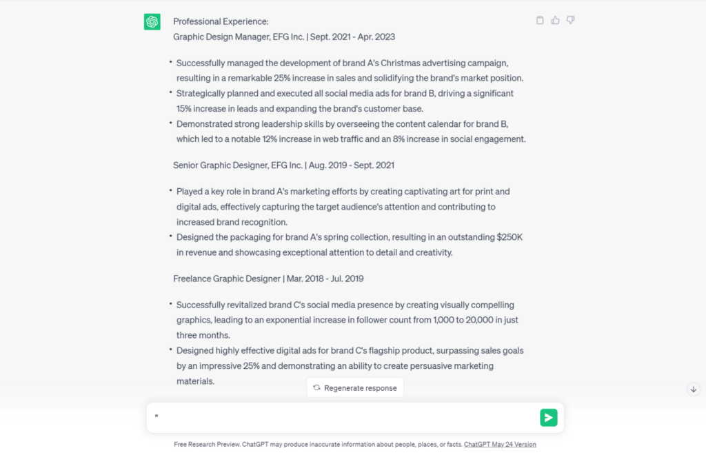 ChatGPT for resume specific changes results.