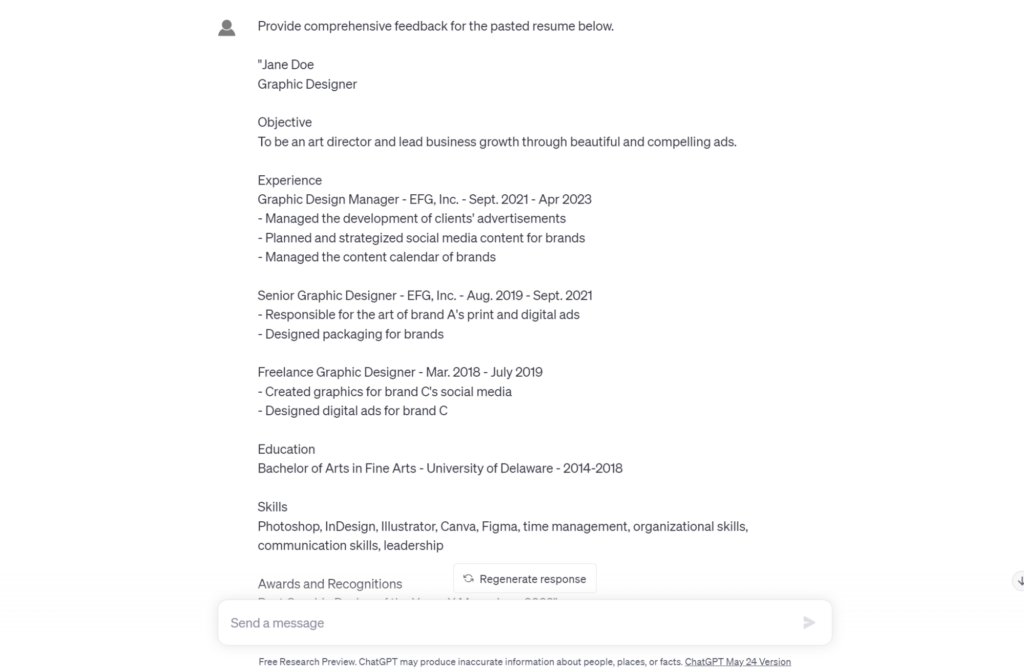 ChatGPT for resume feedback prompt.