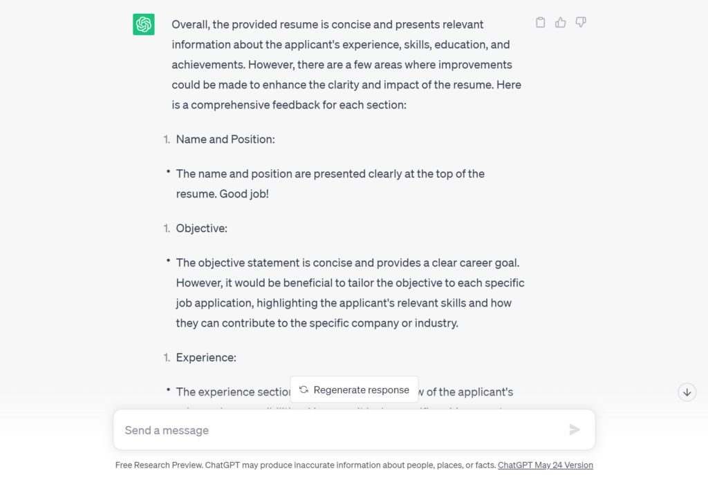 ChatGPT for resume feedback review. Image 1 of 3.