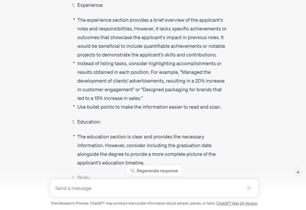 ChatGPT for resume feedback review. Image 2 of 3.