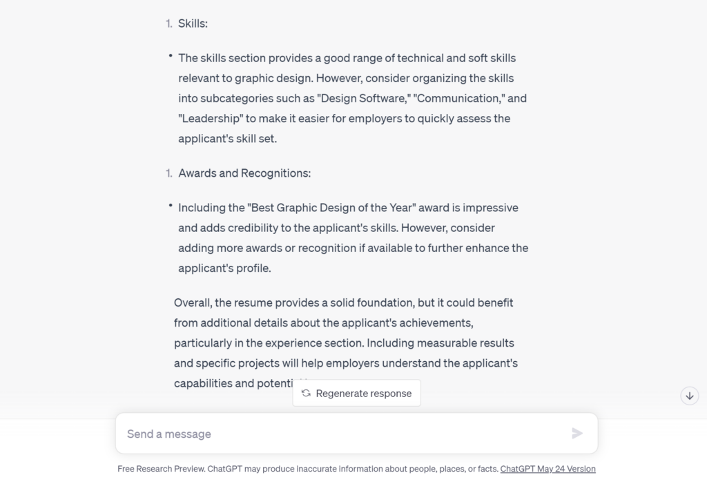 ChatGPT for resume feedback review. Image 3 of 3.