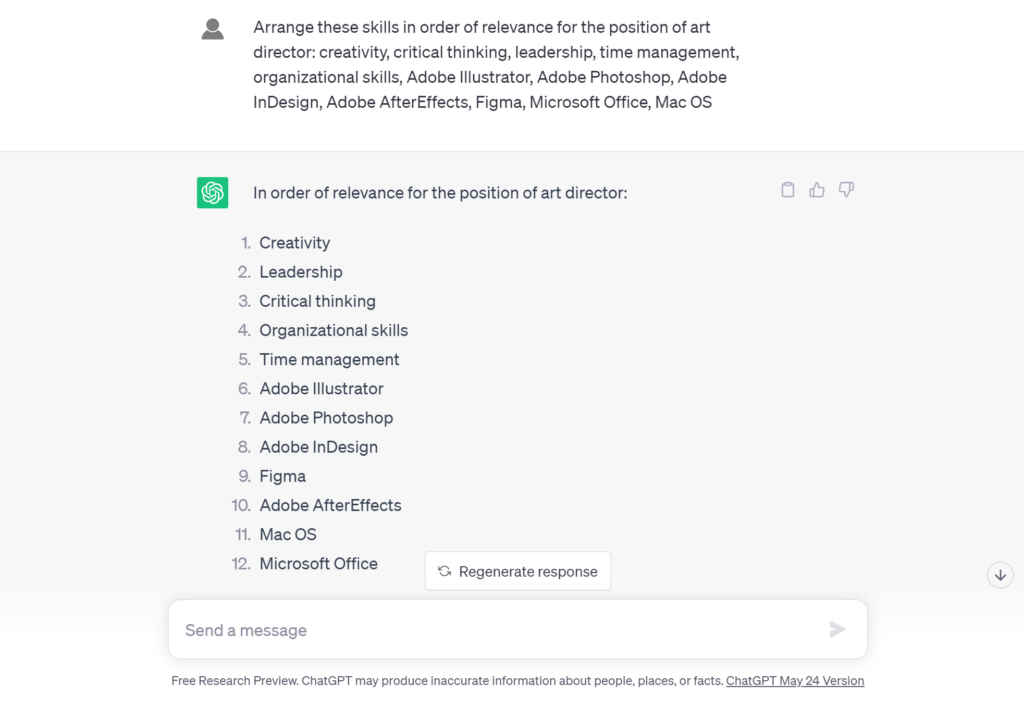 ChatGPT for resume prompt. Step 2. Skills.