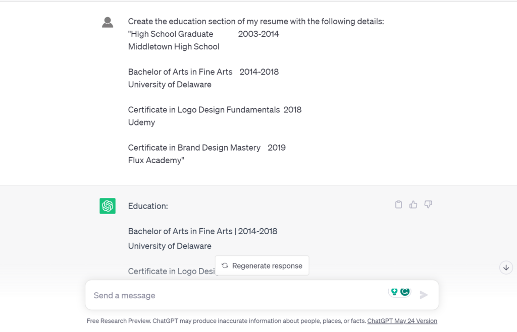 ChatGPT for resume prompt. Step 5. Education.