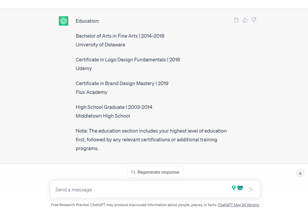 ChatGPT for resume prompt. Step 6. Education.
