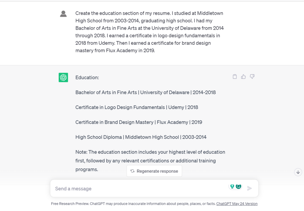 ChatGPT for resume prompt. Step 6. Education Unstructured.