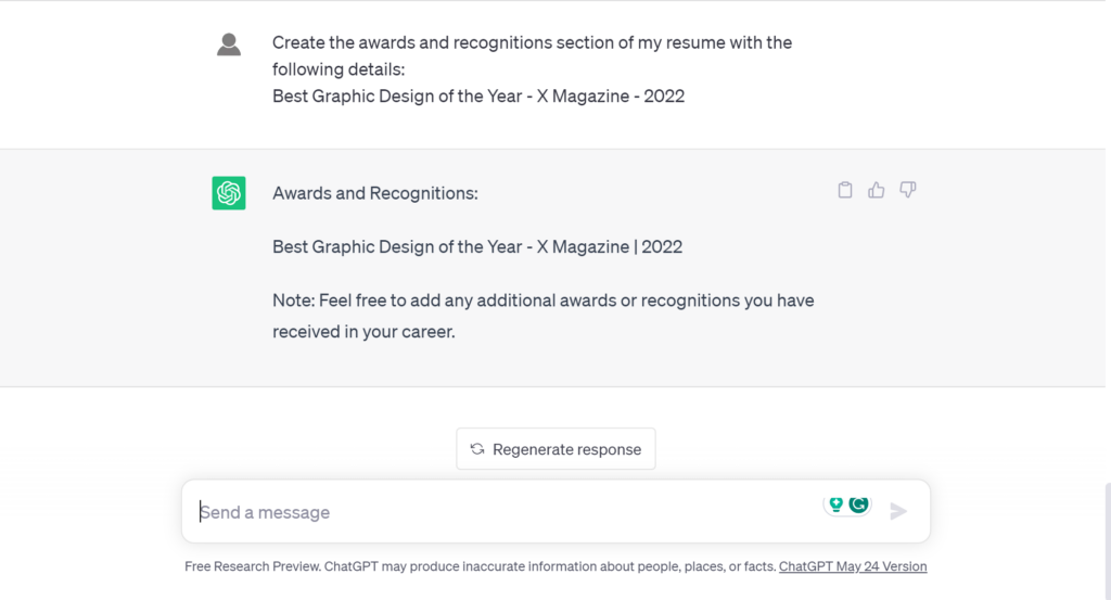 ChatGPT for resume prompt. Step 7. Awards.